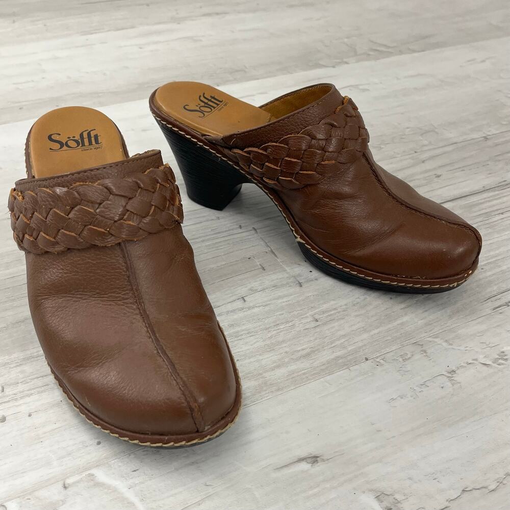Sofft Brown Leather Braided Slide On Comfort Mule Clog Sandal Shoes 7M